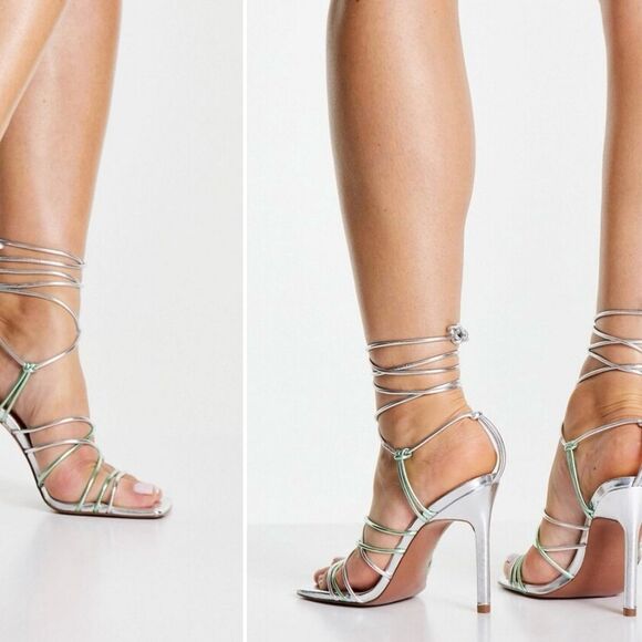ASOS Nina Silver Mint Strappy Tie Leg Square Toe Sandal Heels Sz 8 - Picture 1 of 13